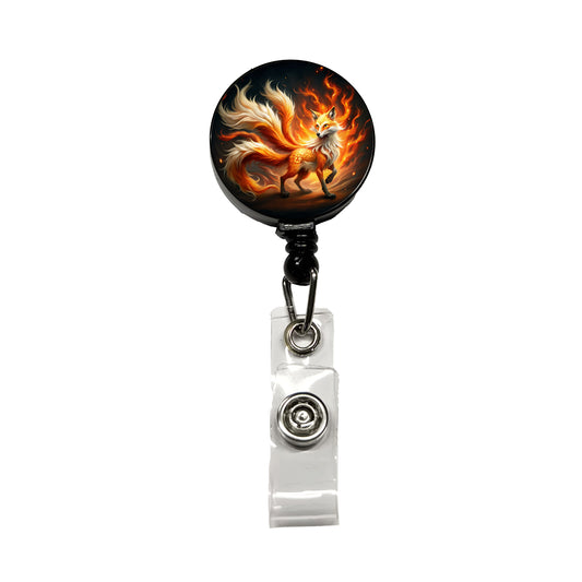 Flaming Fire Fox Kitsune Spirit Animal Retractable ID Key Card Name Tag Badge Holder with Clip