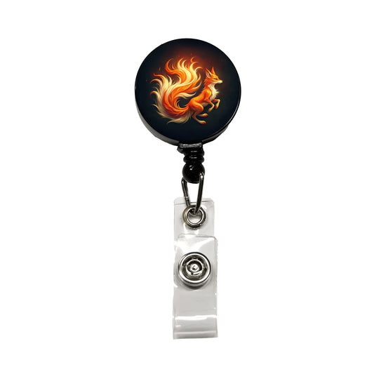 Flaming Fox Fire Kitsune Retractable ID Key Card Name Tag Badge Holder with Clip