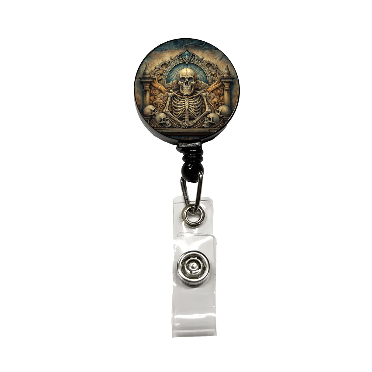 Gothic Ancient Skull Skeleton Bones Illustration Retractable ID Key Card Name Tag Badge Holder with Clip