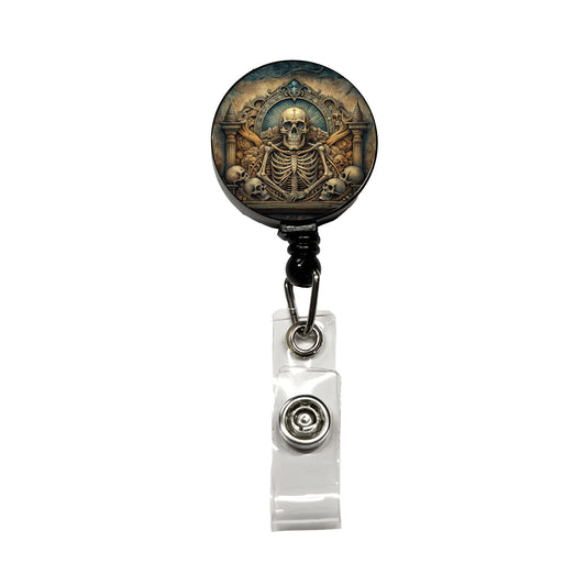 Gothic Ancient Skull Skeleton Bones Illustration Retractable ID Key Card Name Tag Badge Holder with Clip