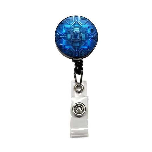 Intricate Blue Circuit Board Retractable ID Key Card Name Tag Badge Holder with Clip