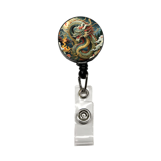 Japanese Asian Dragon Serpent Spirit Art Retractable ID Key Card Name Tag Badge Holder with Clip