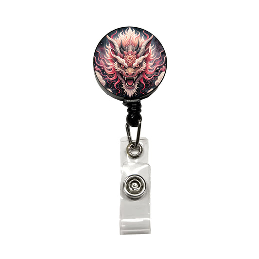 Japanese Asian Pink Spirit Dragon Art Retractable ID Key Card Name Tag Badge Holder with Clip