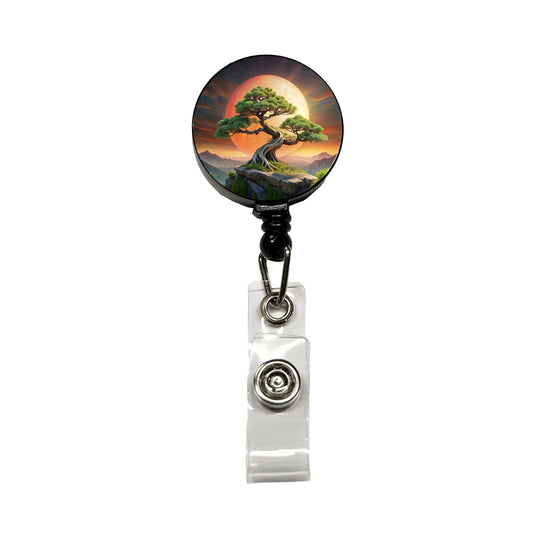 Japanese Bonsai Tree Landscape Retractable ID Key Card Name Tag Badge Holder with Clip
