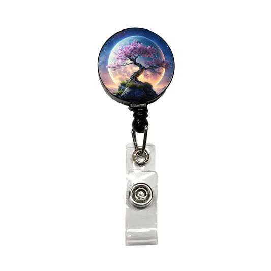 Japanese Bonsai Tree With Pink Flowers On Hill Under Large Moon Retractable ID Key Card Name Tag Badge Holder with Clip