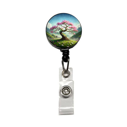 Japanese Bonsai Tree With Pink Flowers On Hillside Retractable ID Key Card Name Tag Badge Holder with Clip
