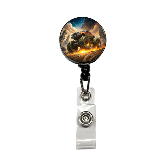 Monster Off-Road Truck Demolishing Cars Retractable ID Key Card Name Tag Badge Holder with Clip