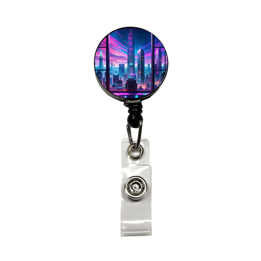 Neon Cityscape As Seen Through Skyscraper Window Purple Blue Retractable ID Key Card Name Tag Badge Holder with Clip
