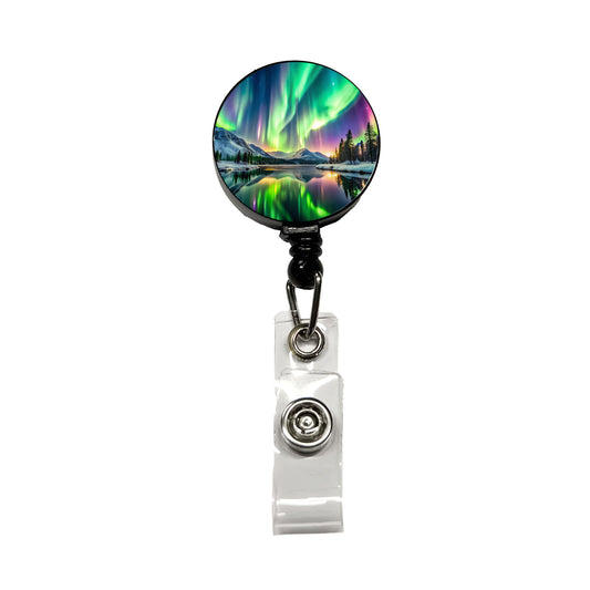 Northern Lights Over Lake Retractable ID Key Card Name Tag Badge Holder with Clip