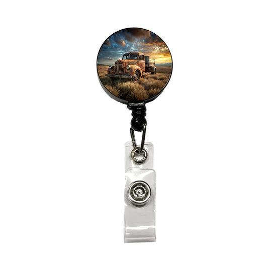 Old Rusted Retro Classic Truck Sitting In Field Retractable ID Key Card Name Tag Badge Holder with Clip