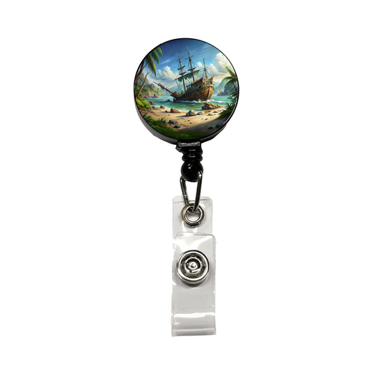 Pirate Sailing Ship Shipwreck Retractable ID Key Card Name Tag Badge Holder with Clip