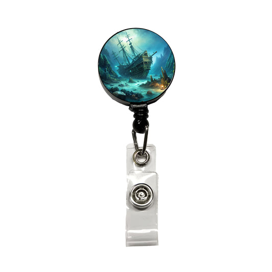 Pirate Ship Shipwreck Under The Ocean Retractable ID Key Card Name Tag Badge Holder with Clip