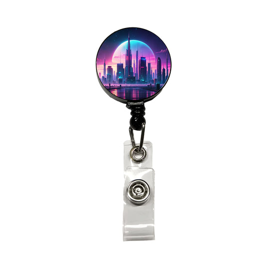Purple Neon Sci-fi City Horizon Retractable ID Key Card Name Tag Badge Holder with Clip