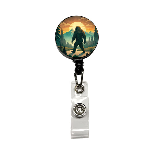 Retro Bigfoot Walking In The Woods At Sunset Retractable ID Key Card Name Tag Badge Holder with Clip