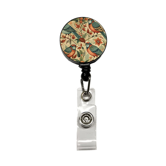 Retro Birds Floral Pattern Vintage Design Retractable ID Key Card Name Tag Badge Holder with Clip