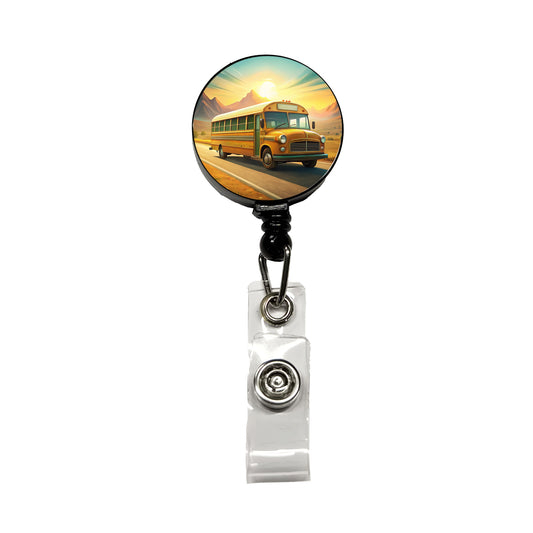Retro School Bus On Road Retractable ID Key Card Name Tag Badge Holder with Clip