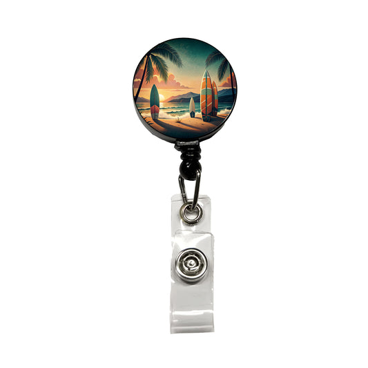 Retro Surfboards On Beach Tropical Sunset Illustration Retractable ID Key Card Name Tag Badge Holder with Clip
