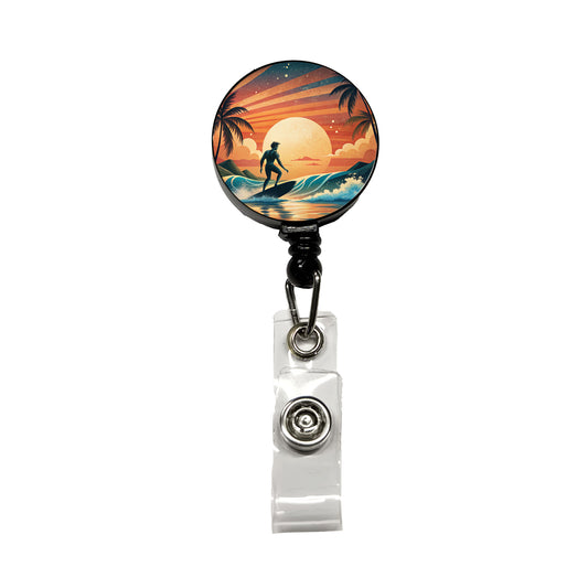 Retro Surfer Beach Tropical Sunset Illustration Retractable ID Key Card Name Tag Badge Holder with Clip