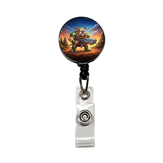 Sci-fi Cartoon Bulldog With Giant Gun Retractable ID Key Card Name Tag Badge Holder with Clip