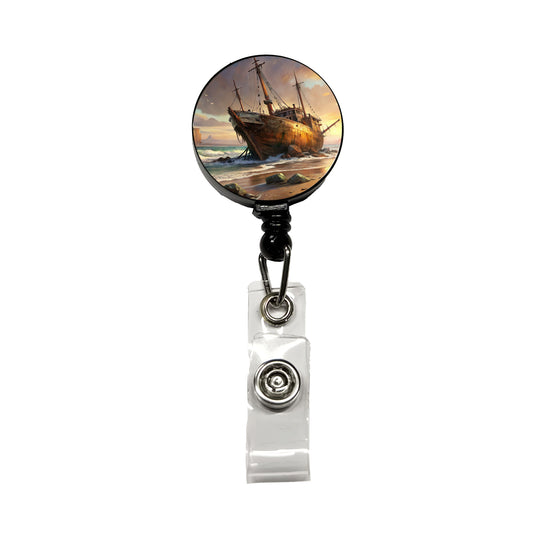 Shipwreck on the Beach Retractable ID Key Card Name Tag Badge Holder with Clip