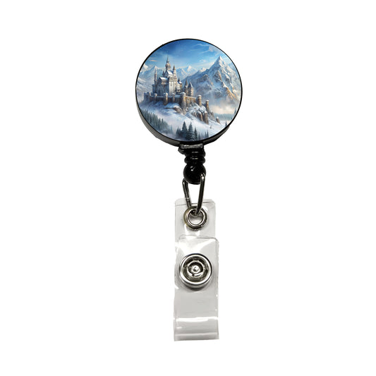 Snow Covered Castle In Mountains Landscape Retractable ID Key Card Name Tag Badge Holder with Clip