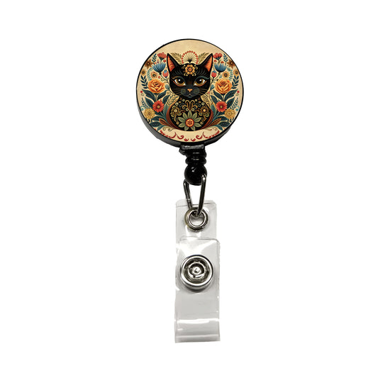 Stylized Black Cat Floral Design Retractable ID Key Card Name Tag Badge Holder with Clip