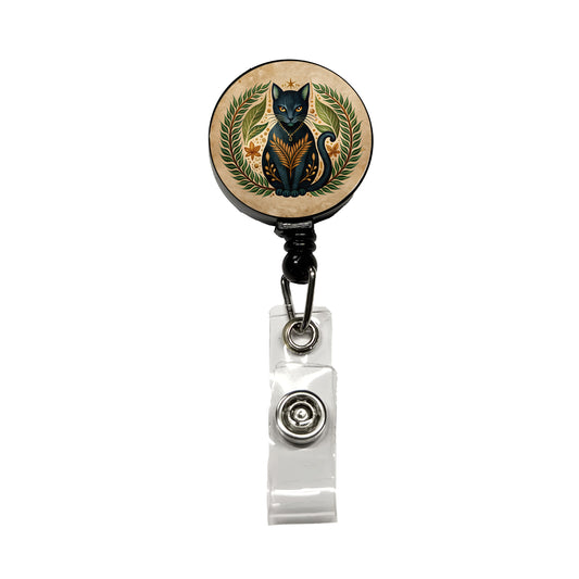 Stylized Black Cat Illustration Leaf Design Retractable ID Key Card Name Tag Badge Holder with Clip