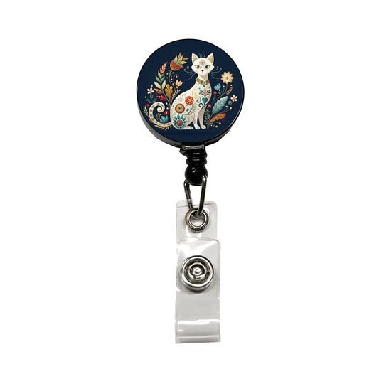 Stylized White Cat Floral Design Retractable ID Key Card Name Tag Badge Holder with Clip