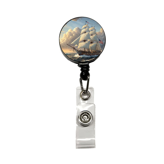 US Navy Frigate 18th Century Sailing Ship At Sea Retractable ID Key Card Name Tag Badge Holder with Clip