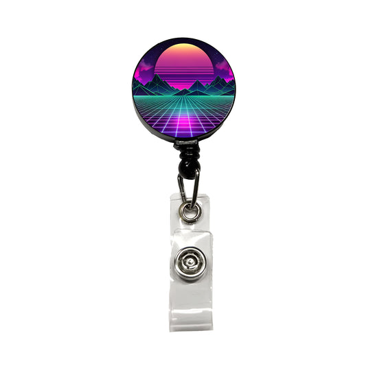 Vaporwave Retro Vector Vivid Landscape Retractable ID Key Card Name Tag Badge Holder with Clip