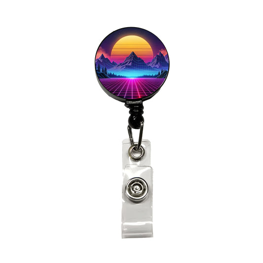 Vaporwave Retro Vector Vivid Mountain Landscape Retractable ID Key Card Name Tag Badge Holder with Clip
