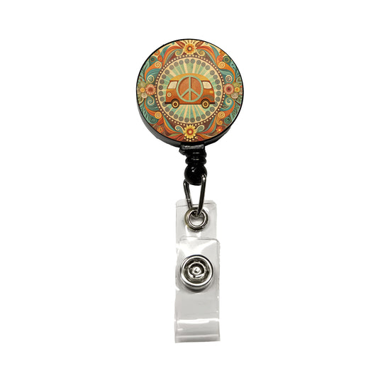 Vintage Retro Boho Hippie Van Peace Design Retractable ID Key Card Name Tag Badge Holder with Clip