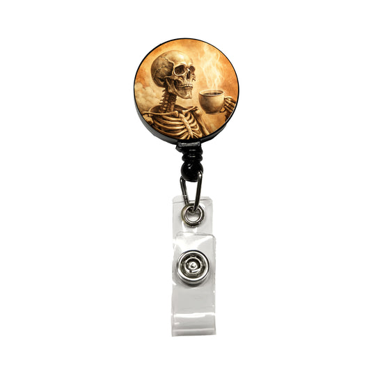 Vintage Skeleton Holding Cup Of Coffee Retro Retractable ID Key Card Name Tag Badge Holder with Clip