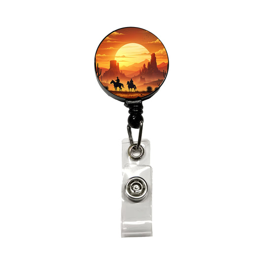 Wild West Sunset Silhouettes Southwest Landscape Retractable ID Key Card Name Tag Badge Holder with Clip