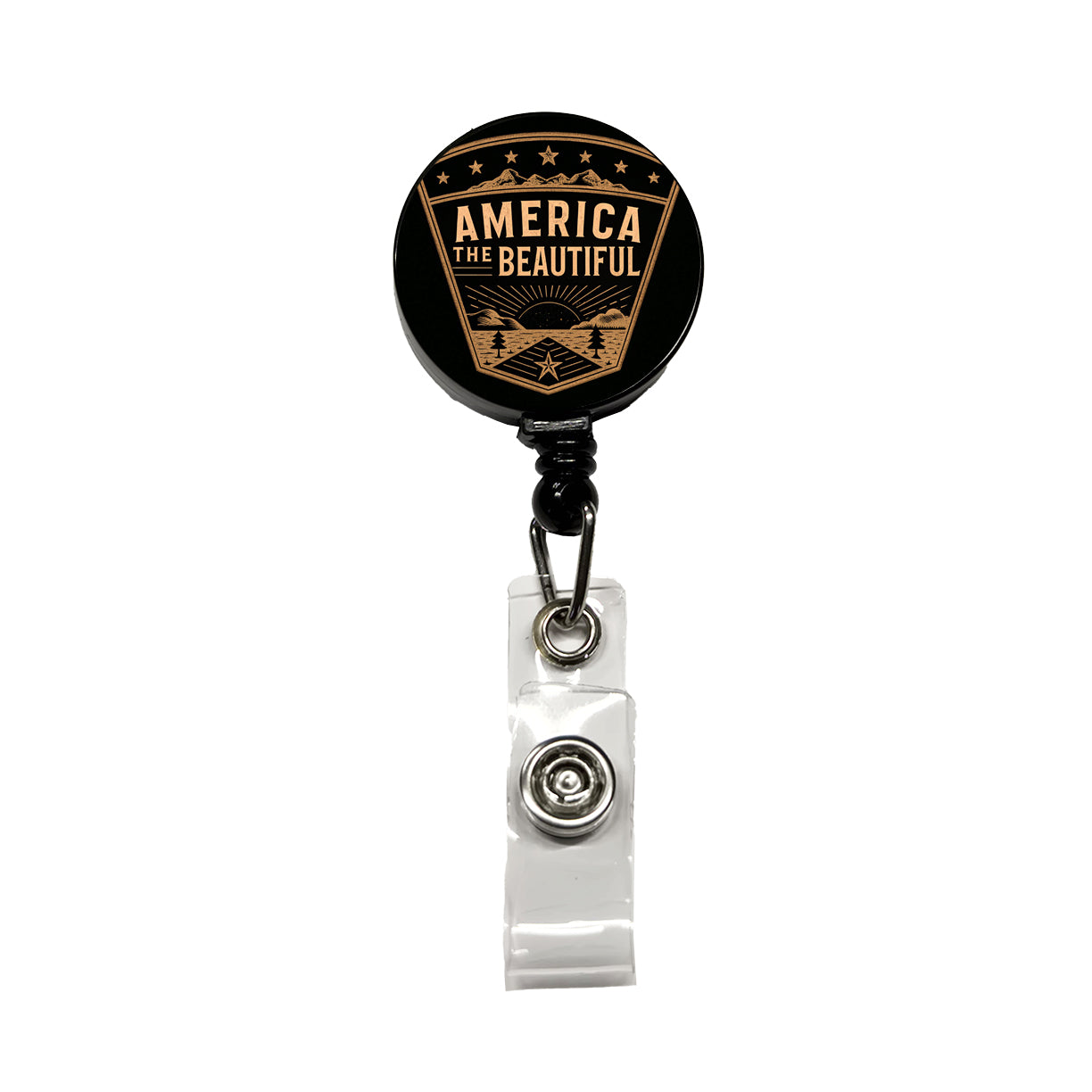 America The Beautiful United States USA Patriotic Black Tan Retractable ID Key Card Name Tag Badge Holder with Clip