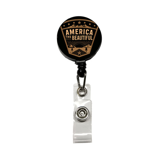 America The Beautiful United States USA Patriotic Black Tan Retractable ID Key Card Name Tag Badge Holder with Clip