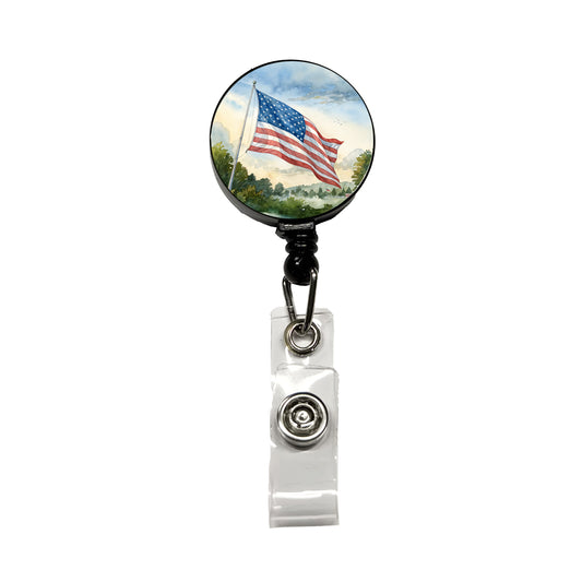 American Flag Waving Watercolor USA United States Retractable ID Key Card Name Tag Badge Holder with Clip