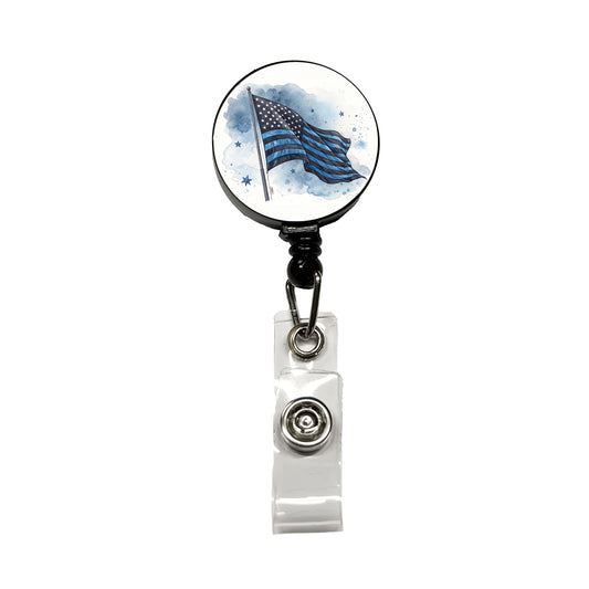Black Blue Waving American Flag Watercolor USA United States Retractable ID Key Card Name Tag Badge Holder with Clip