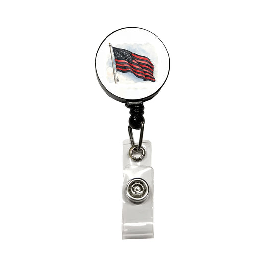 Black Red Waving American Flag Watercolor USA United States Retractable ID Key Card Name Tag Badge Holder with Clip