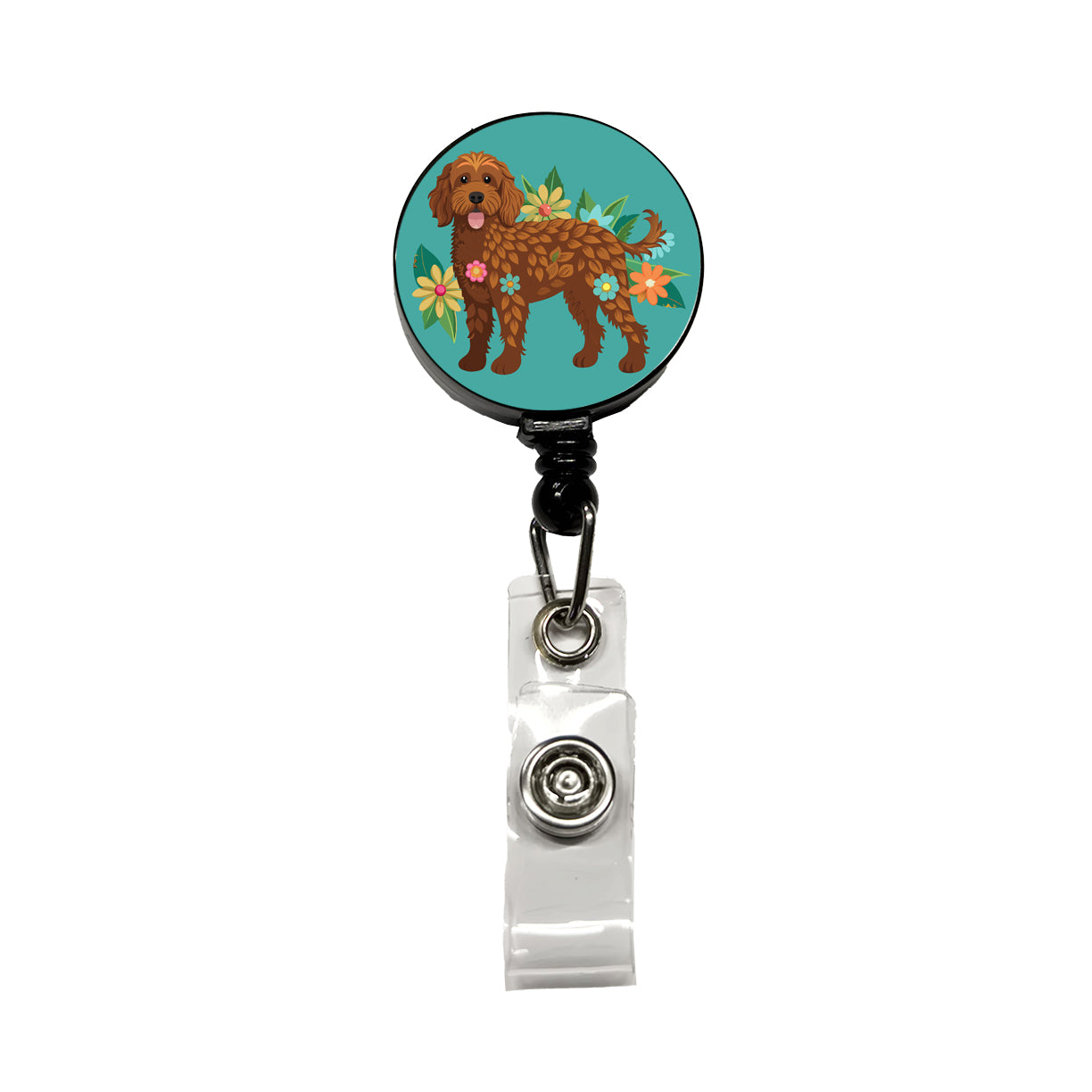 Brown Labradoodle Floral Motif Dog Retractable ID Key Card Name Tag Badge Holder with Clip