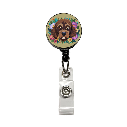 Brown Labradoodle Head Floral Motif Dog Cute Retractable ID Key Card Name Tag Badge Holder with Clip