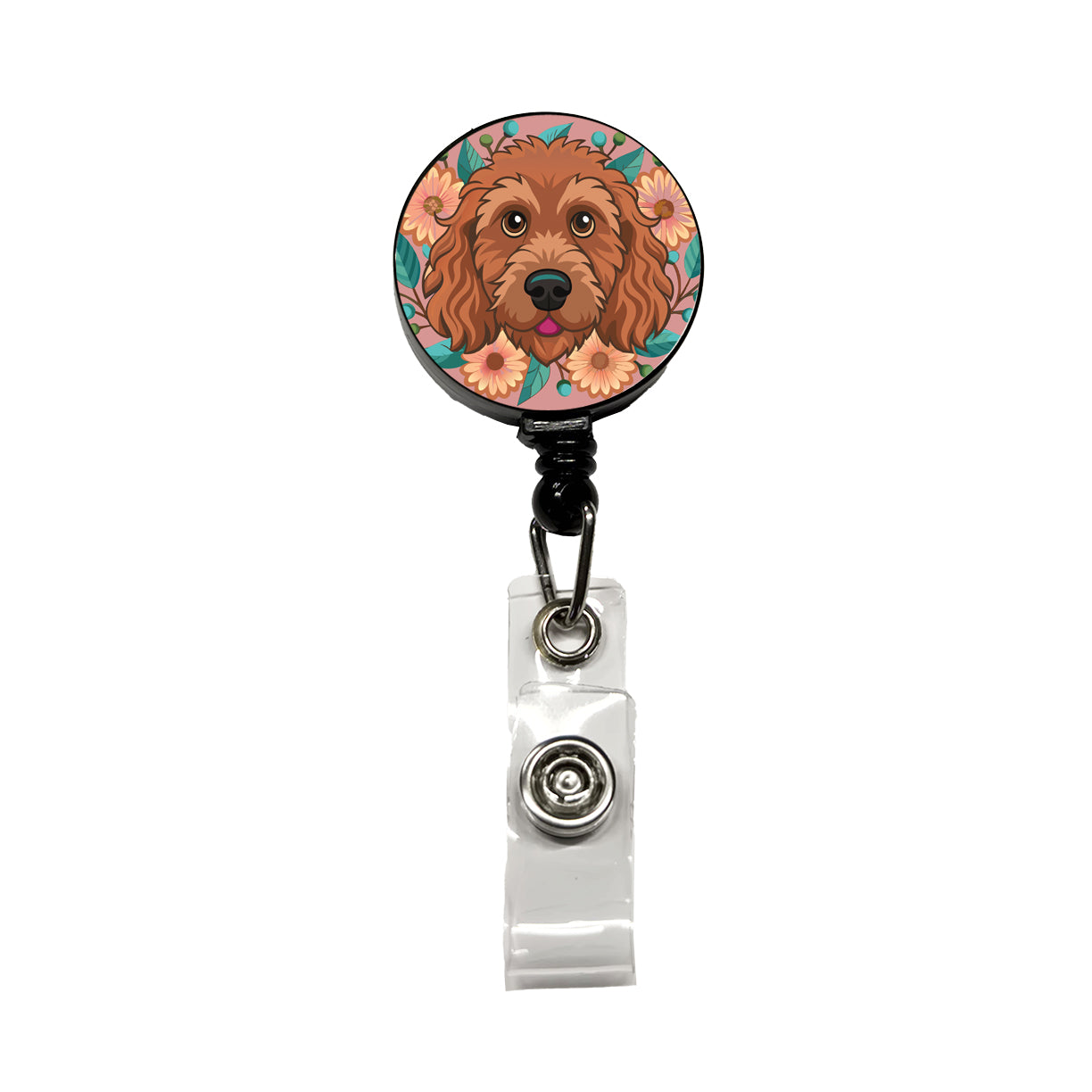 Brown Labradoodle Head Floral Motif Dog Pink Background Retractable ID Key Card Name Tag Badge Holder with Clip