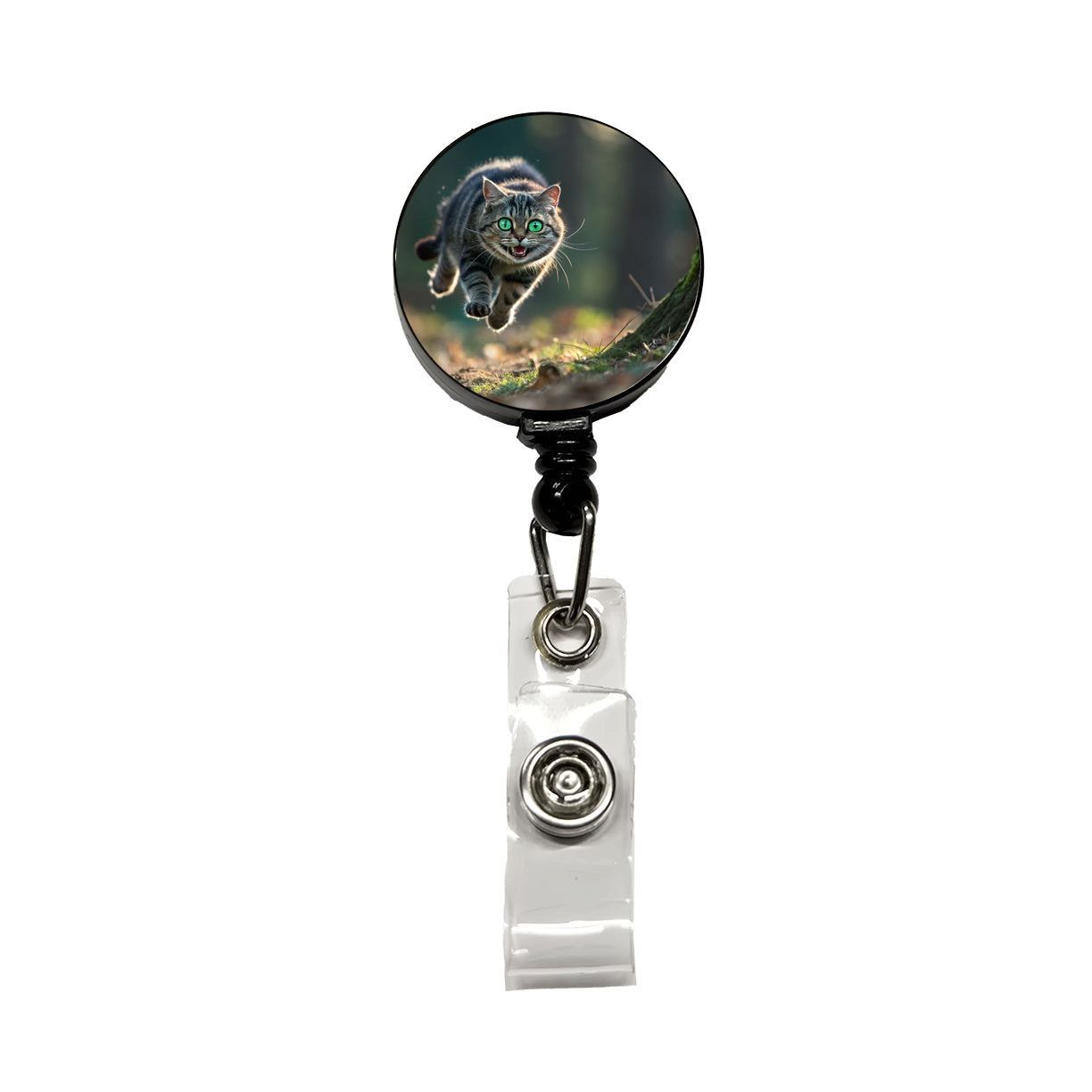 Cat Leaping Green Eyes Funny Retractable ID Key Card Name Tag Badge Holder with Clip
