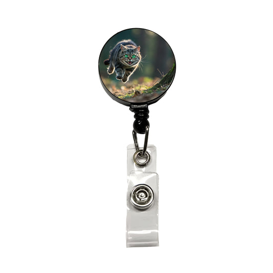 Cat Leaping Green Eyes Funny Retractable ID Key Card Name Tag Badge Holder with Clip