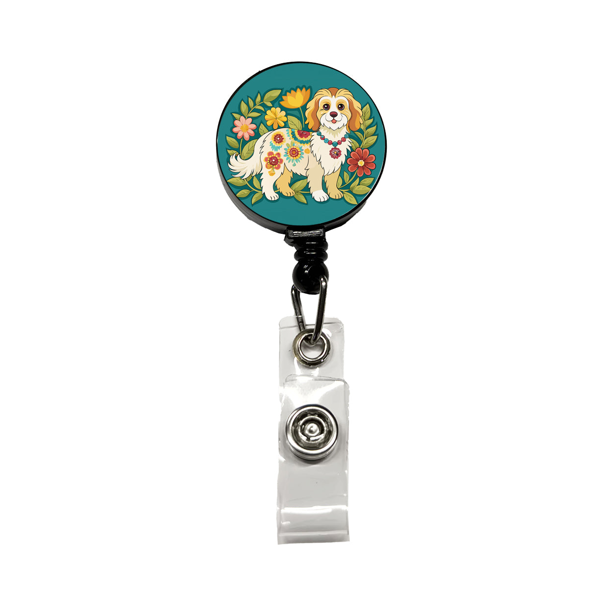 Cavachon Floral Motif Dog Cute Retractable ID Key Card Name Tag Badge Holder with Clip