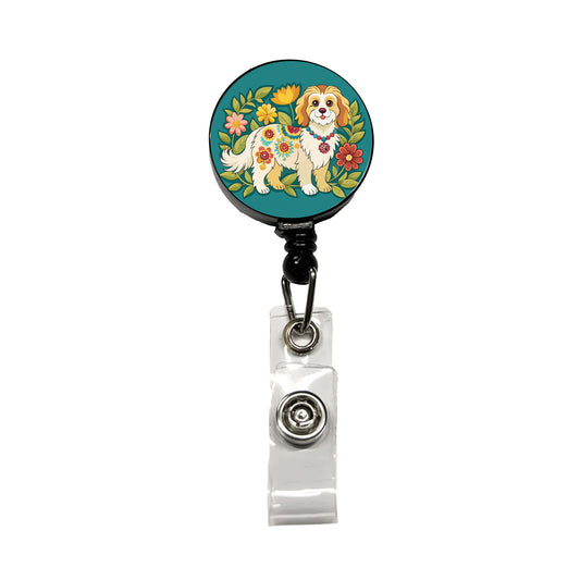 Cavachon Floral Motif Dog Cute Retractable ID Key Card Name Tag Badge Holder with Clip
