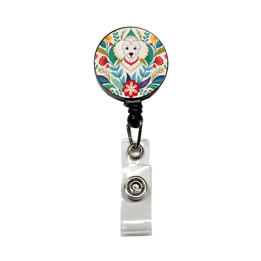 Cavachon Floral Motif Dog Retractable ID Key Card Name Tag Badge Holder with Clip