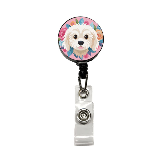 Cavachon Head Dog Floral Motif Pink Background Retractable ID Key Card Name Tag Badge Holder with Clip