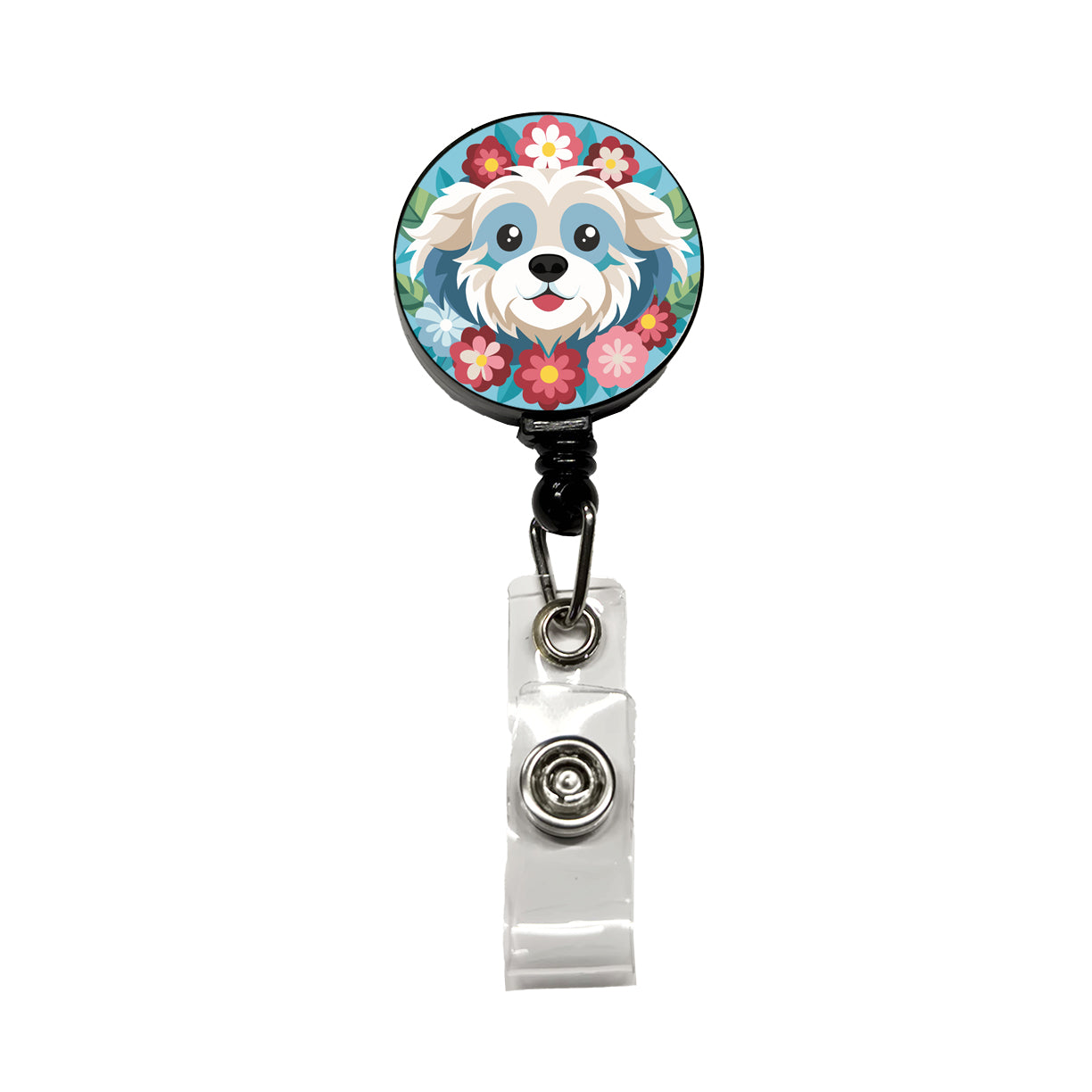 Cavachon Head Floral Dog Motif Blue Background Retractable ID Key Card Name Tag Badge Holder with Clip