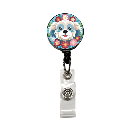 Cavachon Head Floral Dog Motif Blue Background Retractable ID Key Card Name Tag Badge Holder with Clip